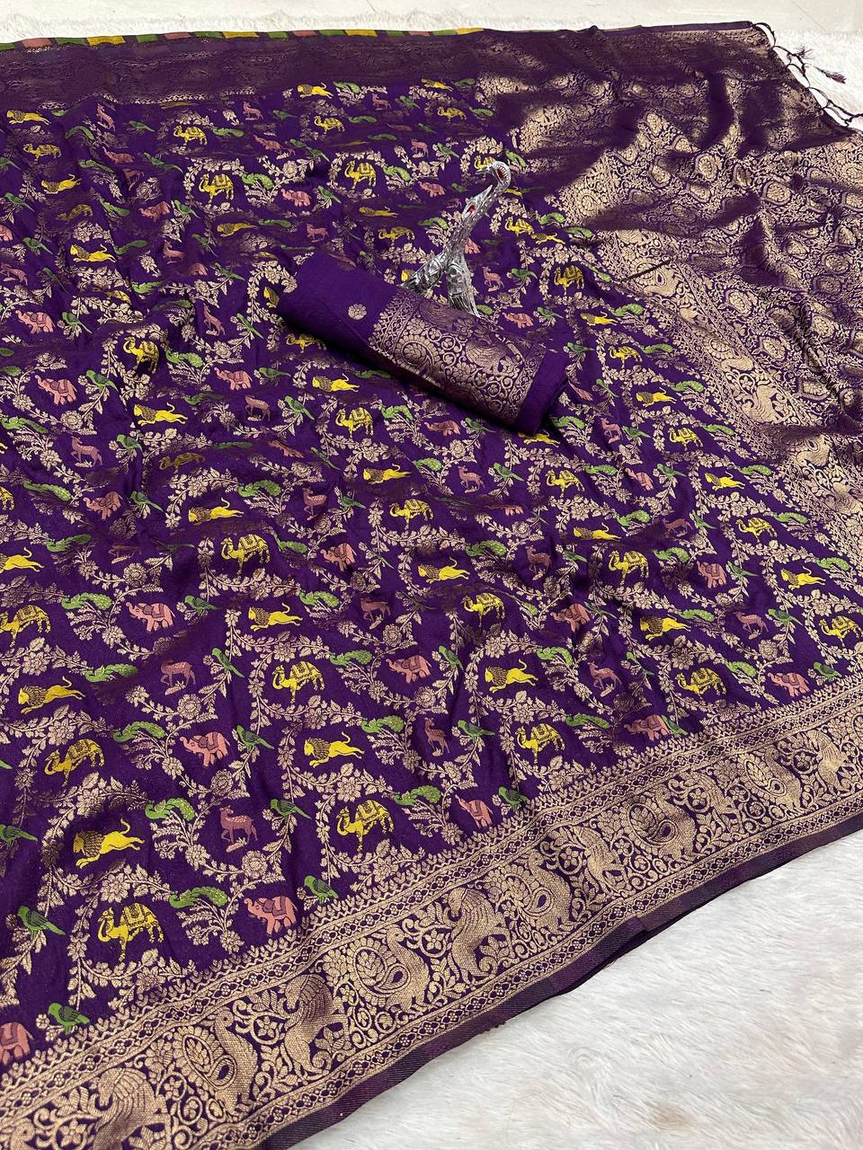 Pure Naylon kadi Creap Georgette jangal theem meenakari jaqurad weveing body ,border with Rich pallu