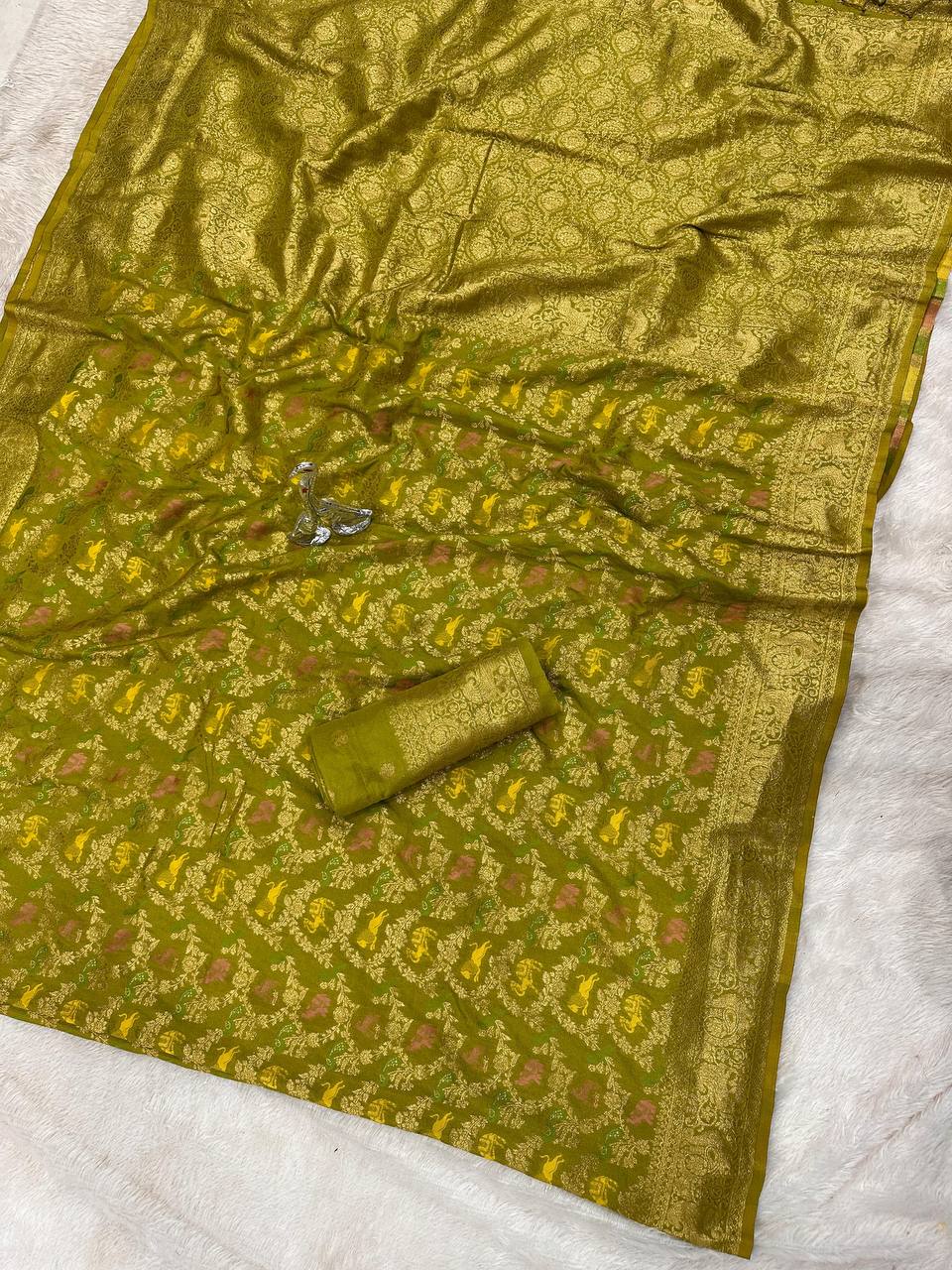 Pure Naylon kadi Creap Georgette jangal theem meenakari jaqurad weveing body ,border with Rich pallu