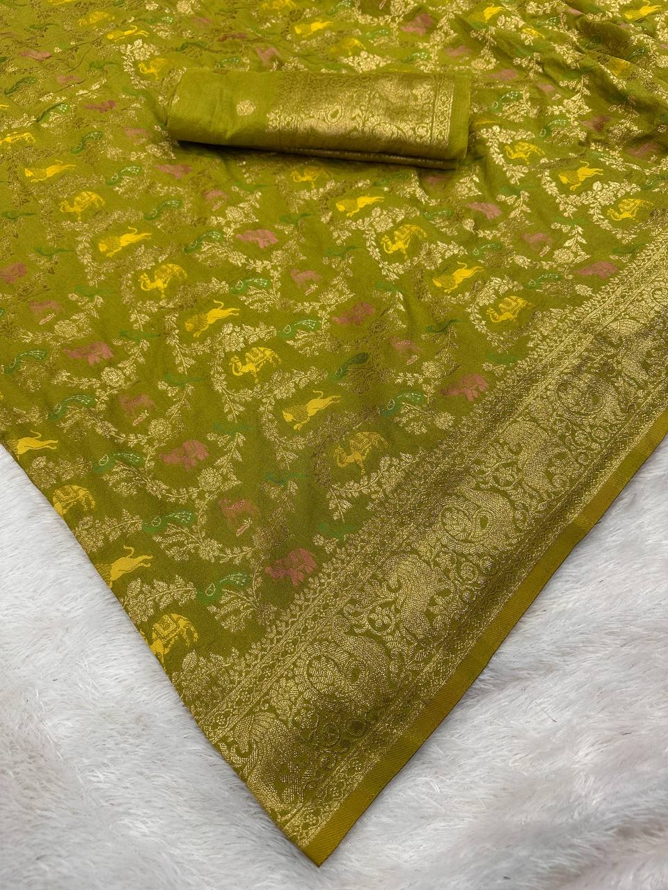 Pure Naylon kadi Creap Georgette jangal theem meenakari jaqurad weveing body ,border with Rich pallu