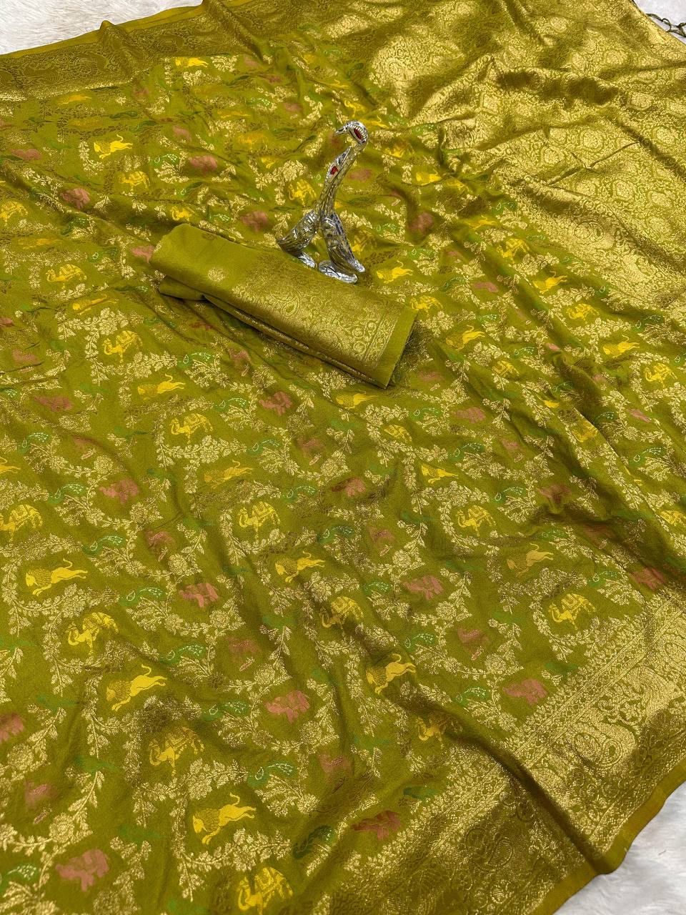 Pure Naylon kadi Creap Georgette jangal theem meenakari jaqurad weveing body ,border with Rich pallu
