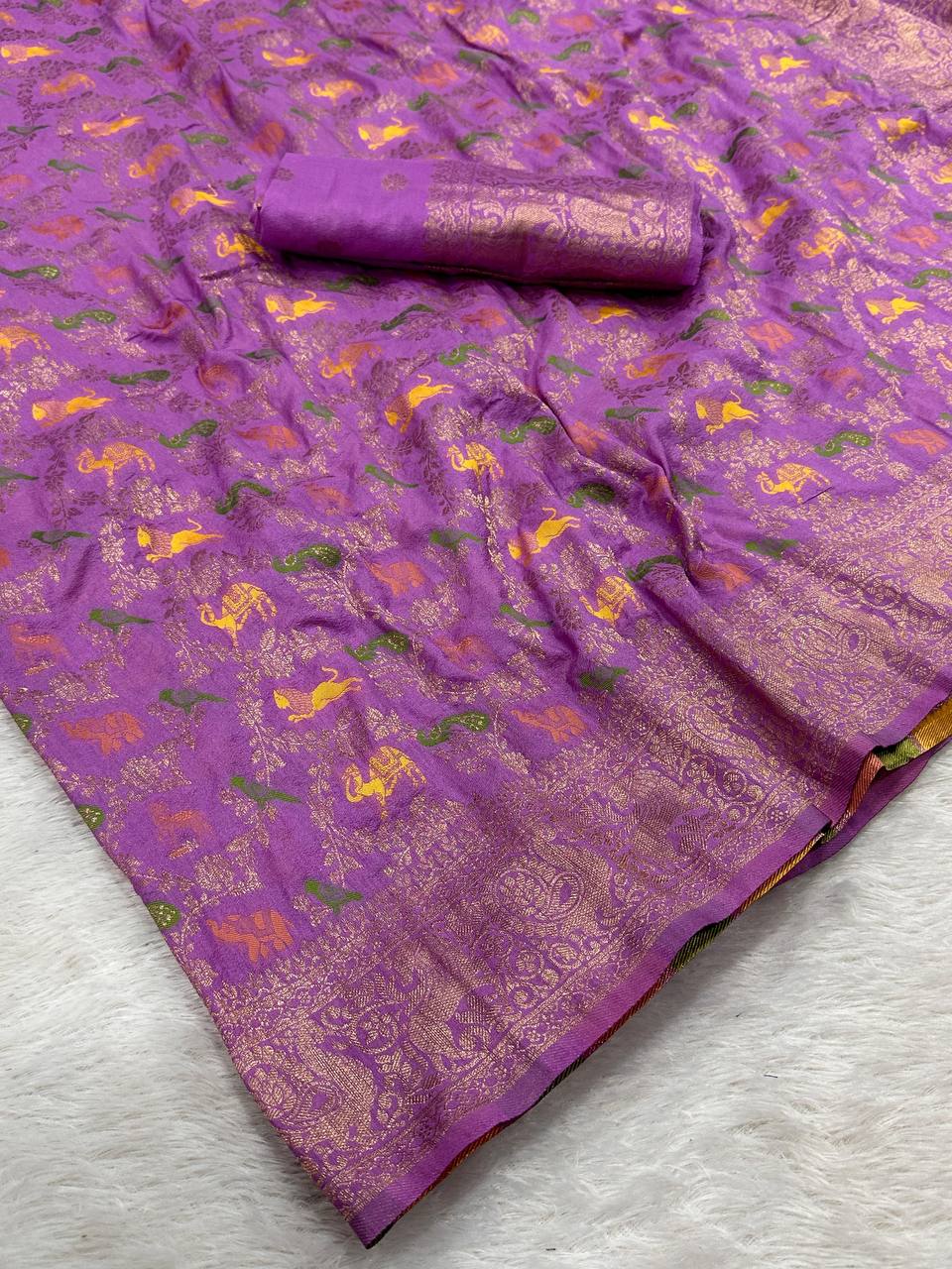 Pure Naylon kadi Creap Georgette jangal theem meenakari jaqurad weveing body ,border with Rich pallu