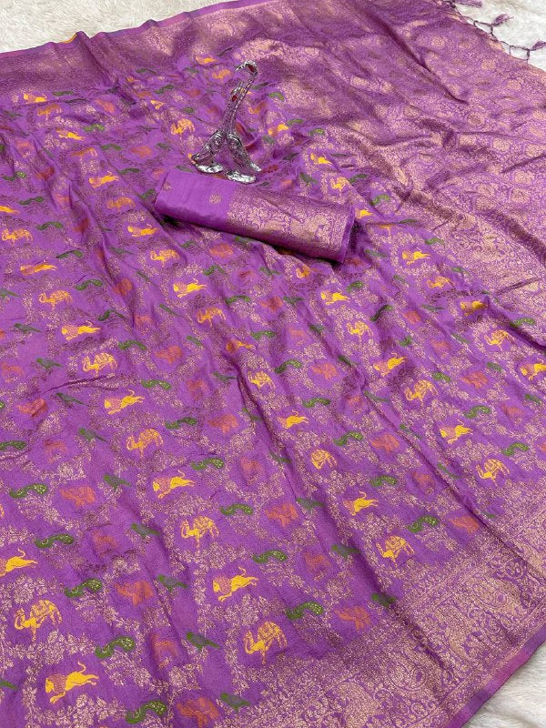 Pure Naylon kadi Creap Georgette jangal theem meenakari jaqurad weveing body ,border with Rich pallu