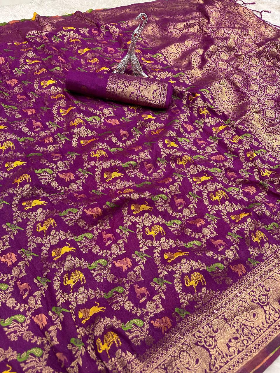 Pure Naylon kadi Creap Georgette jangal theem meenakari jaqurad weveing body ,border with Rich pallu