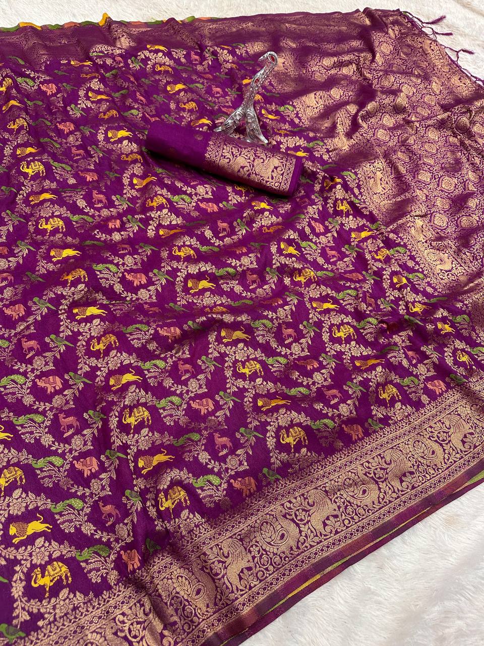 Pure Naylon kadi Creap Georgette jangal theem meenakari jaqurad weveing body ,border with Rich pallu