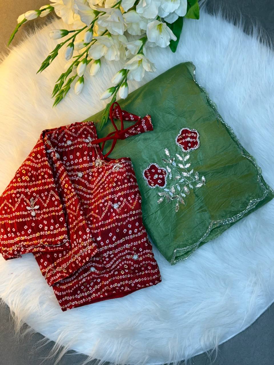 Green Bandhej Saree with cutdana work with Blouse.