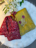 Green Bandhej Saree with cutdana work with Blouse - LEMON YELLOW