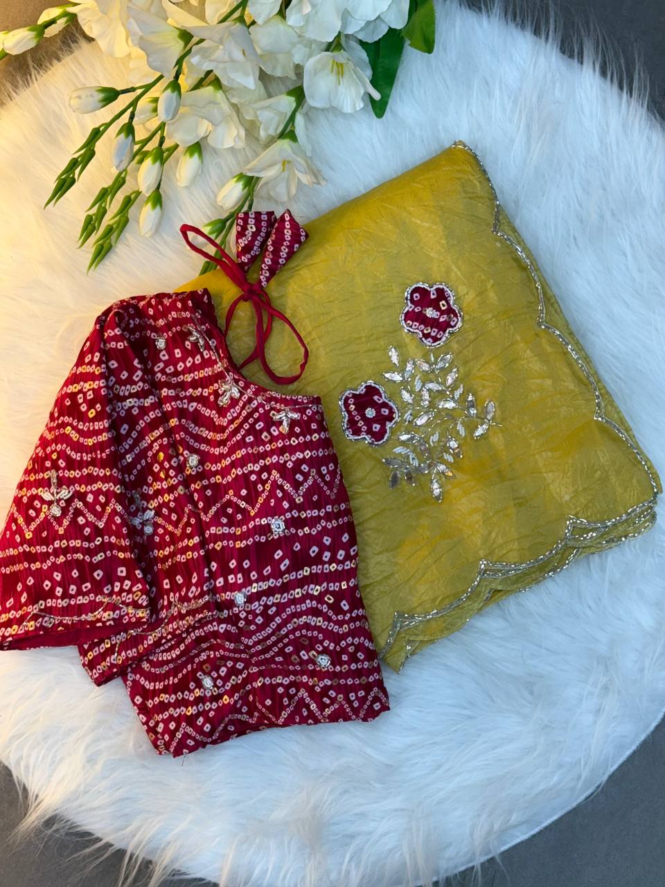 Green Bandhej Saree with cutdana work with Blouse - LEMON YELLOW