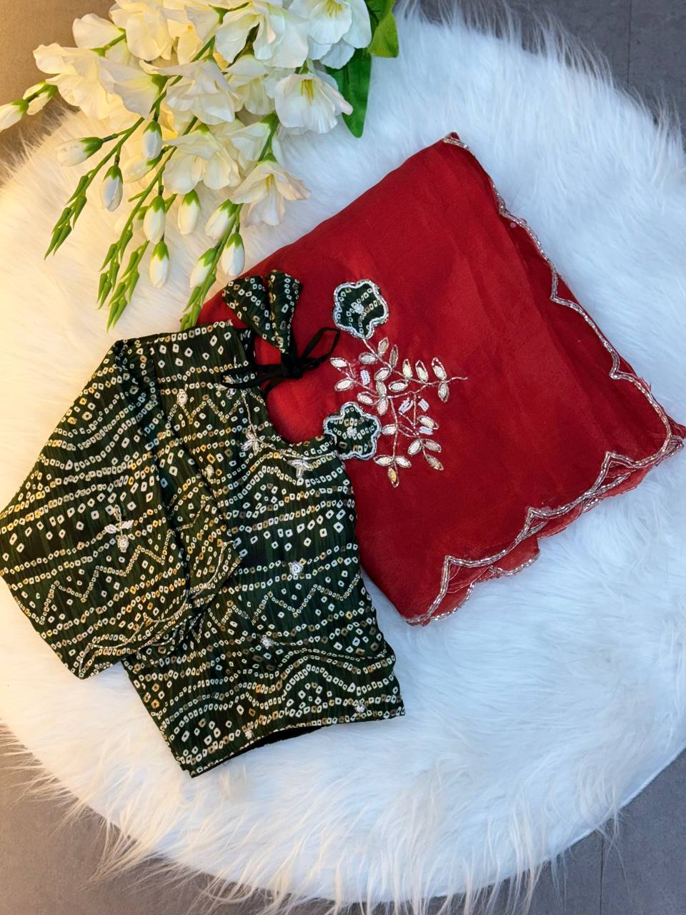 Green Bandhej Saree with cutdana work with Blouse - RED