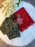 Green Bandhej Saree with cutdana work with Blouse - RED