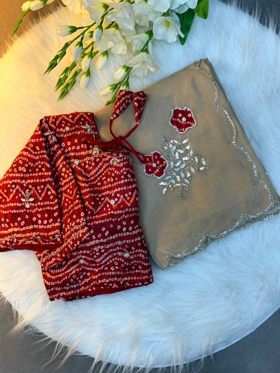 Green Bandhej Saree with cutdana work with Blouse -  Cream