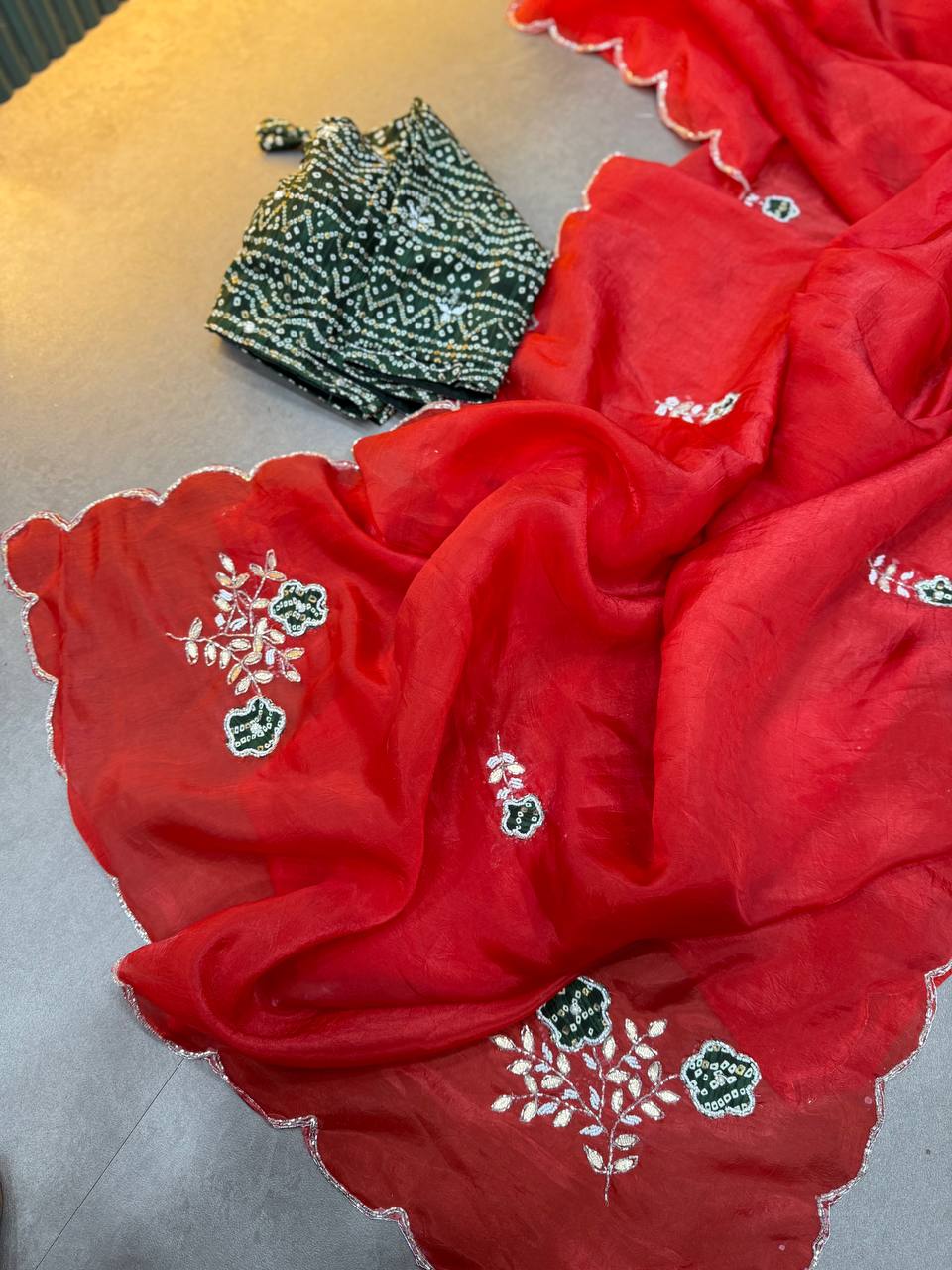 Green Bandhej Saree with cutdana work with Blouse - RED