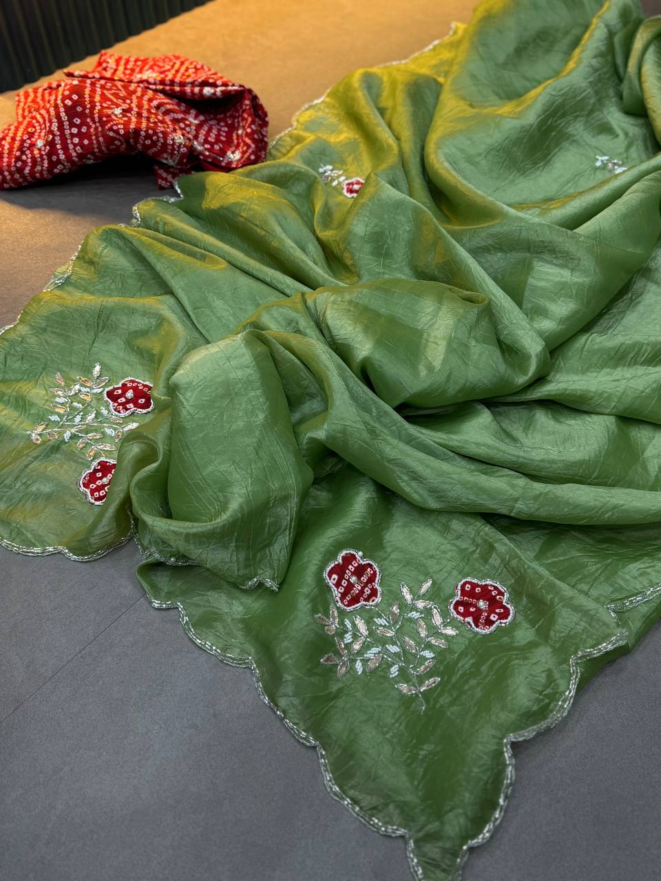 Green Bandhej Saree with cutdana work with Blouse.