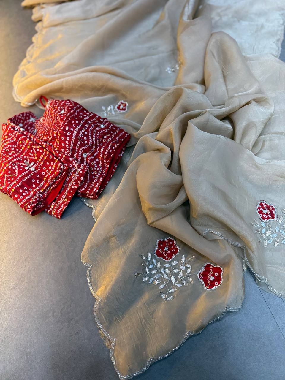 Green Bandhej Saree with cutdana work with Blouse -  Cream