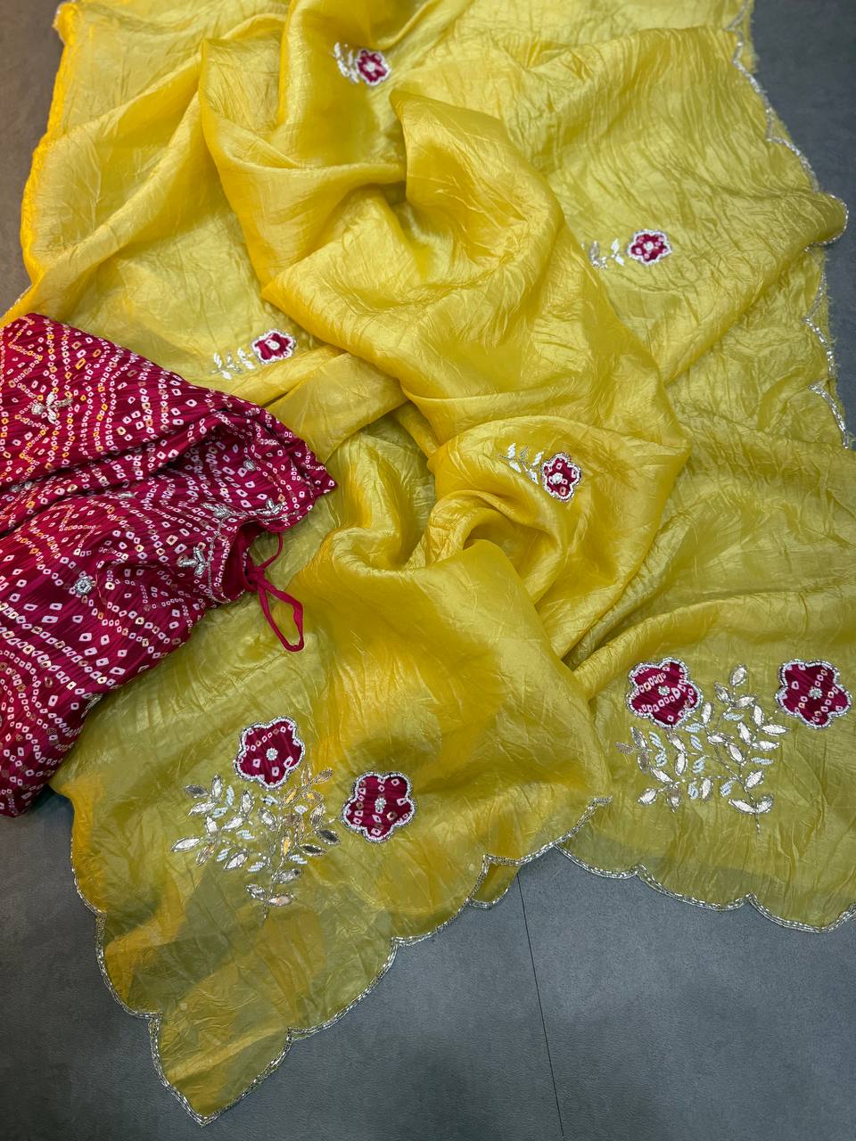 Green Bandhej Saree with cutdana work with Blouse - LEMON YELLOW