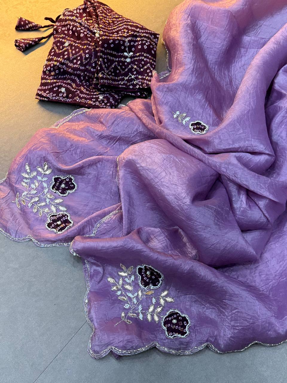 Green Bandhej Saree with cutdana work with Blouse - PURPLE