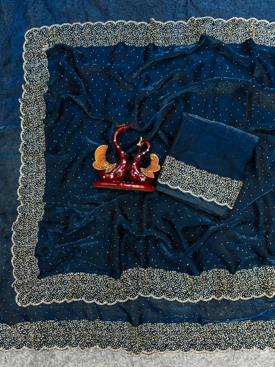 Latest Maroon Colour Partywear Space Silk Jarkhan Heavy Diamond Work Fancy Designer Saree With Blouse - NEVY BLUE