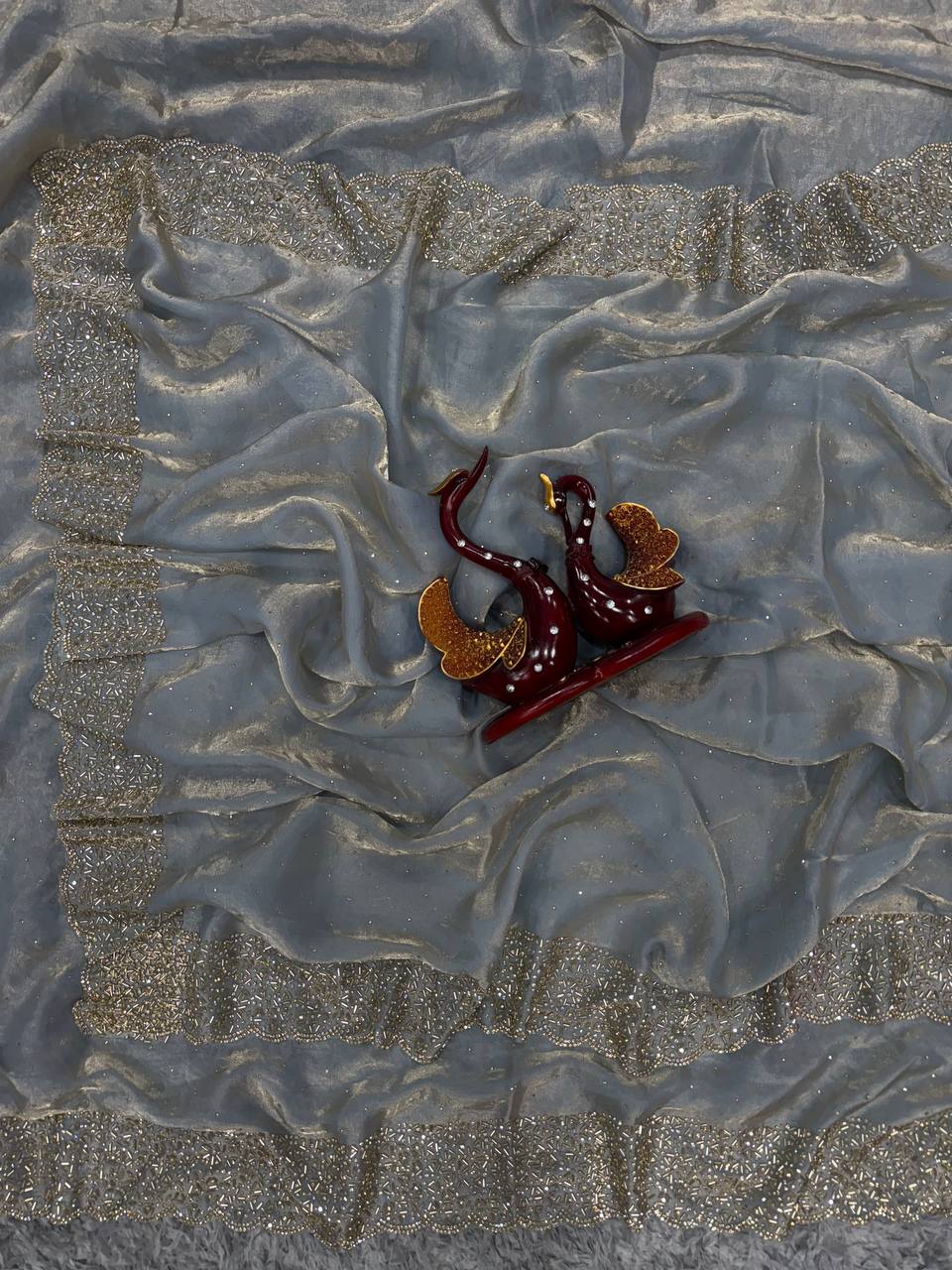 Latest Black Colour Partywear Space Silk Jarkhan Heavy Diamond Work Fancy Designer Saree With Blouse - GREY