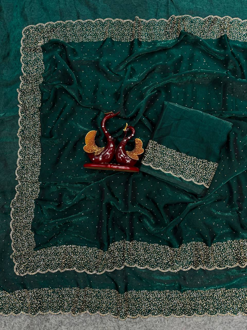 Latest Black Colour Partywear Space Silk Jarkhan Heavy Diamond Work Fancy Designer Saree With Blouse - GREEN