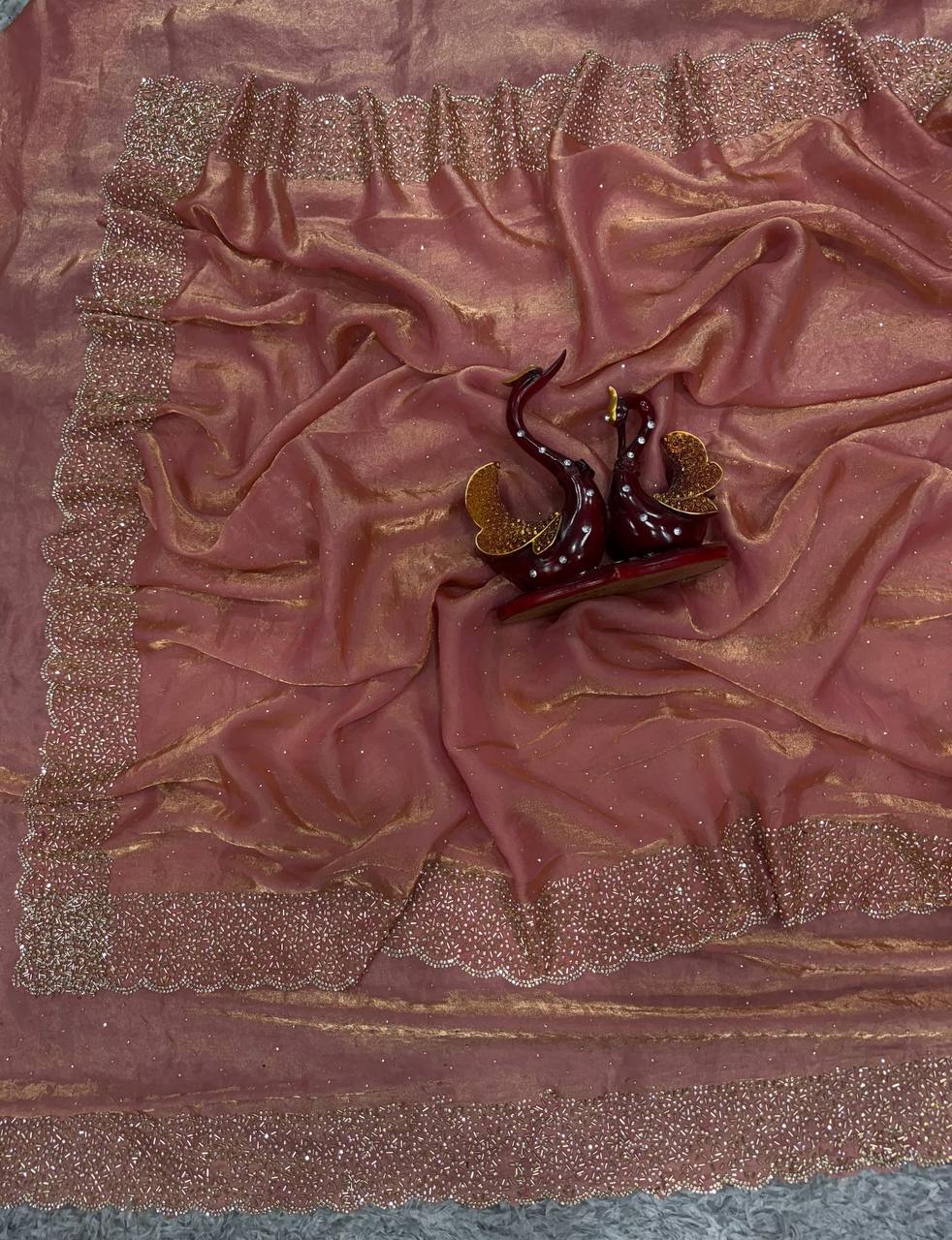 Latest Black Colour Partywear Space Silk Jarkhan Heavy Diamond Work Fancy Designer Saree With Blouse - PEACH