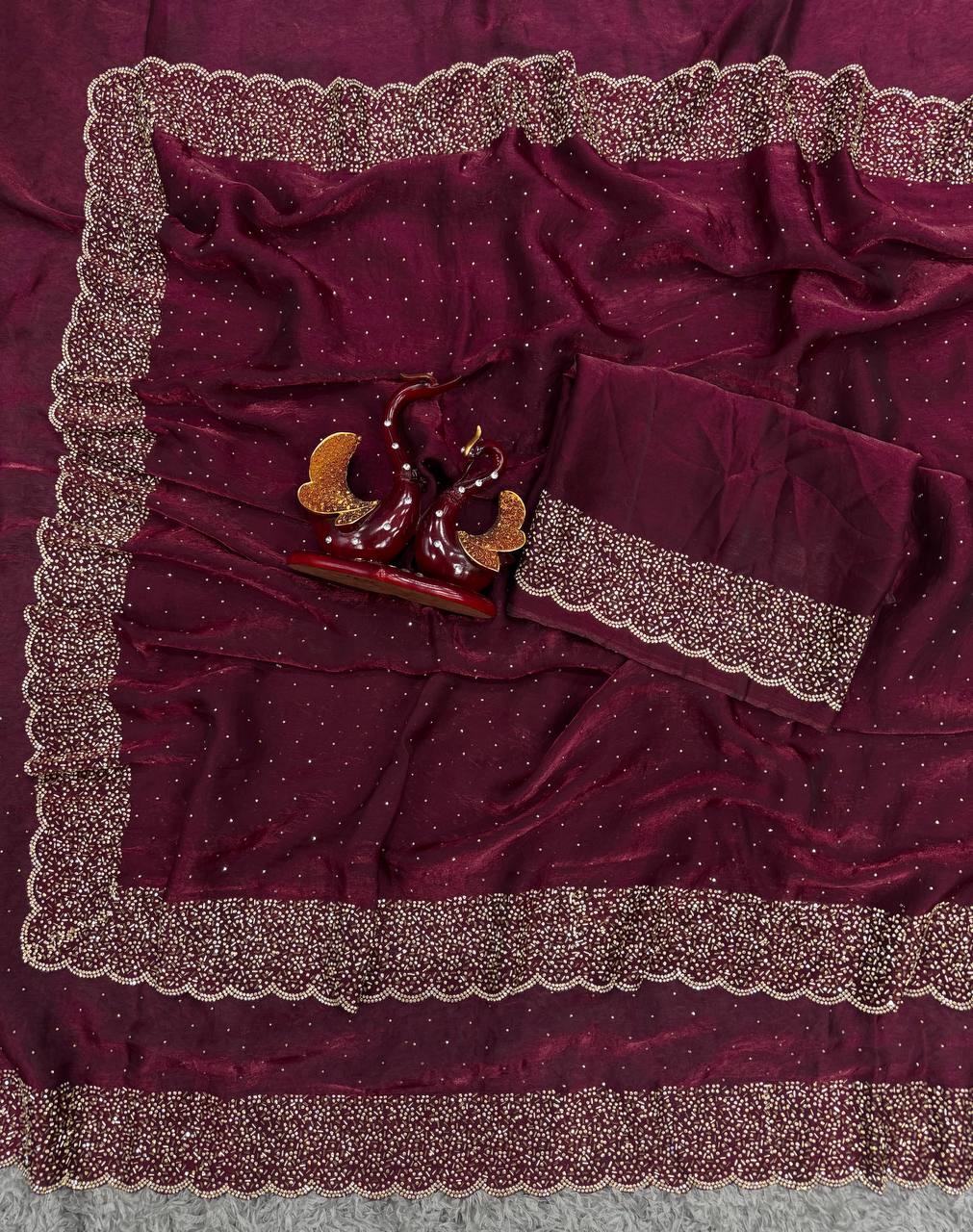 Latest Black Colour Partywear Space Silk Jarkhan Heavy Diamond Work Fancy Designer Saree With Blouse - RED