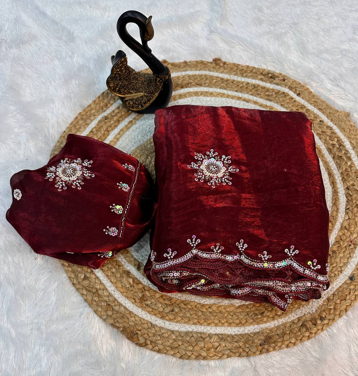 Attractive Multi Work And Khatli Cut Work Zimmy Choo Saree