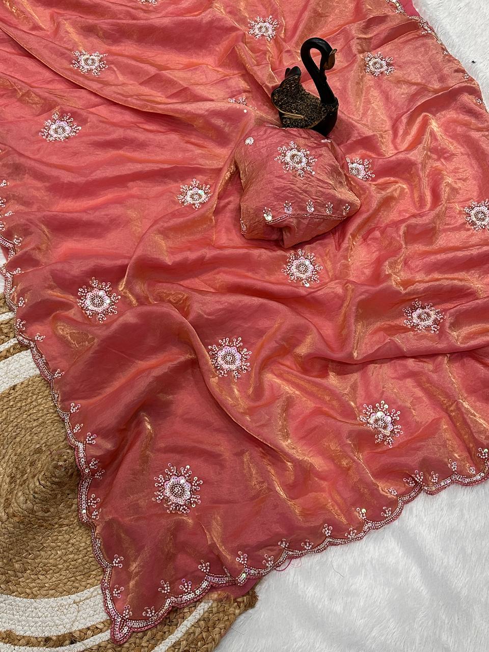 Attractive Multi Work And Khatli Cut Work Zimmy Choo Saree