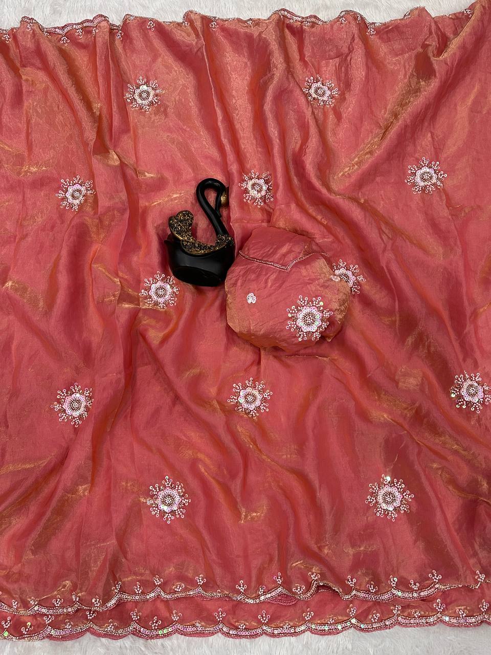 Attractive Multi Work And Khatli Cut Work Zimmy Choo Saree