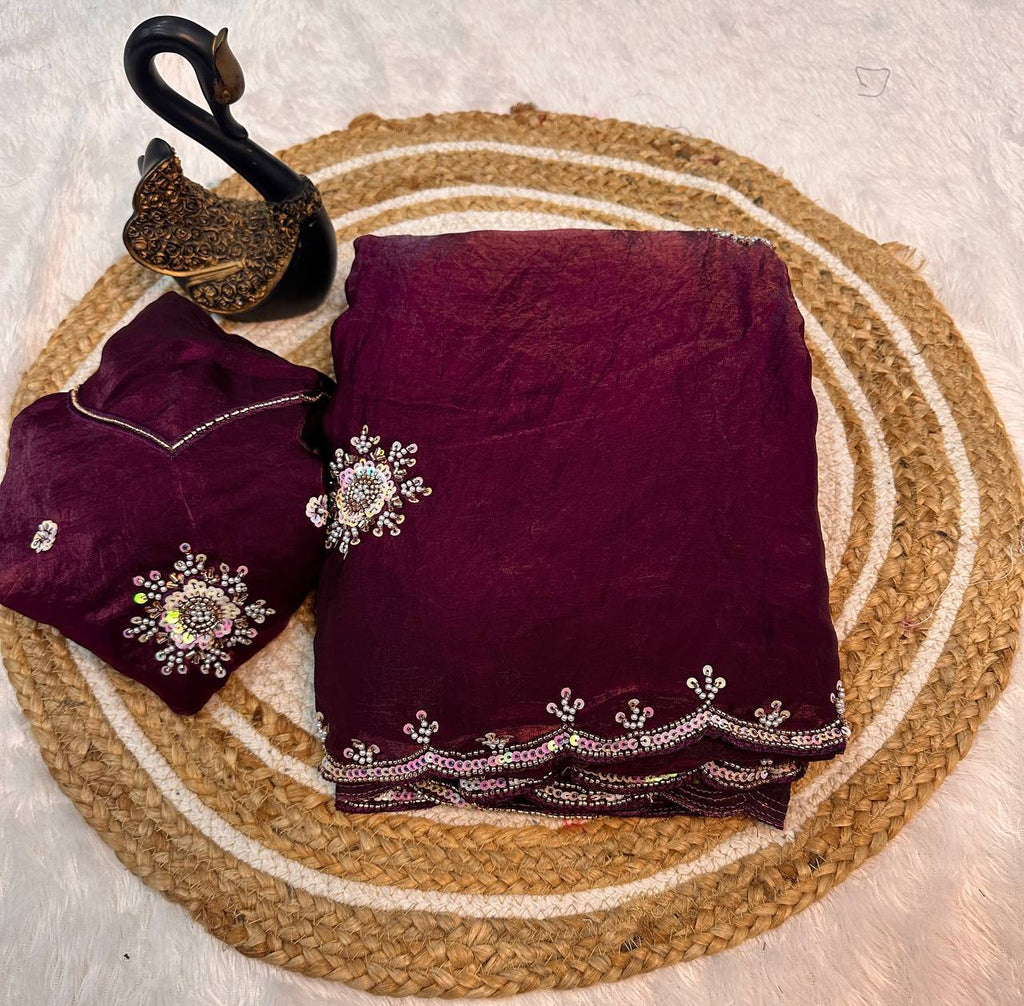 Attractive Multi Work And Khatli Cut Work Zimmy Choo Saree