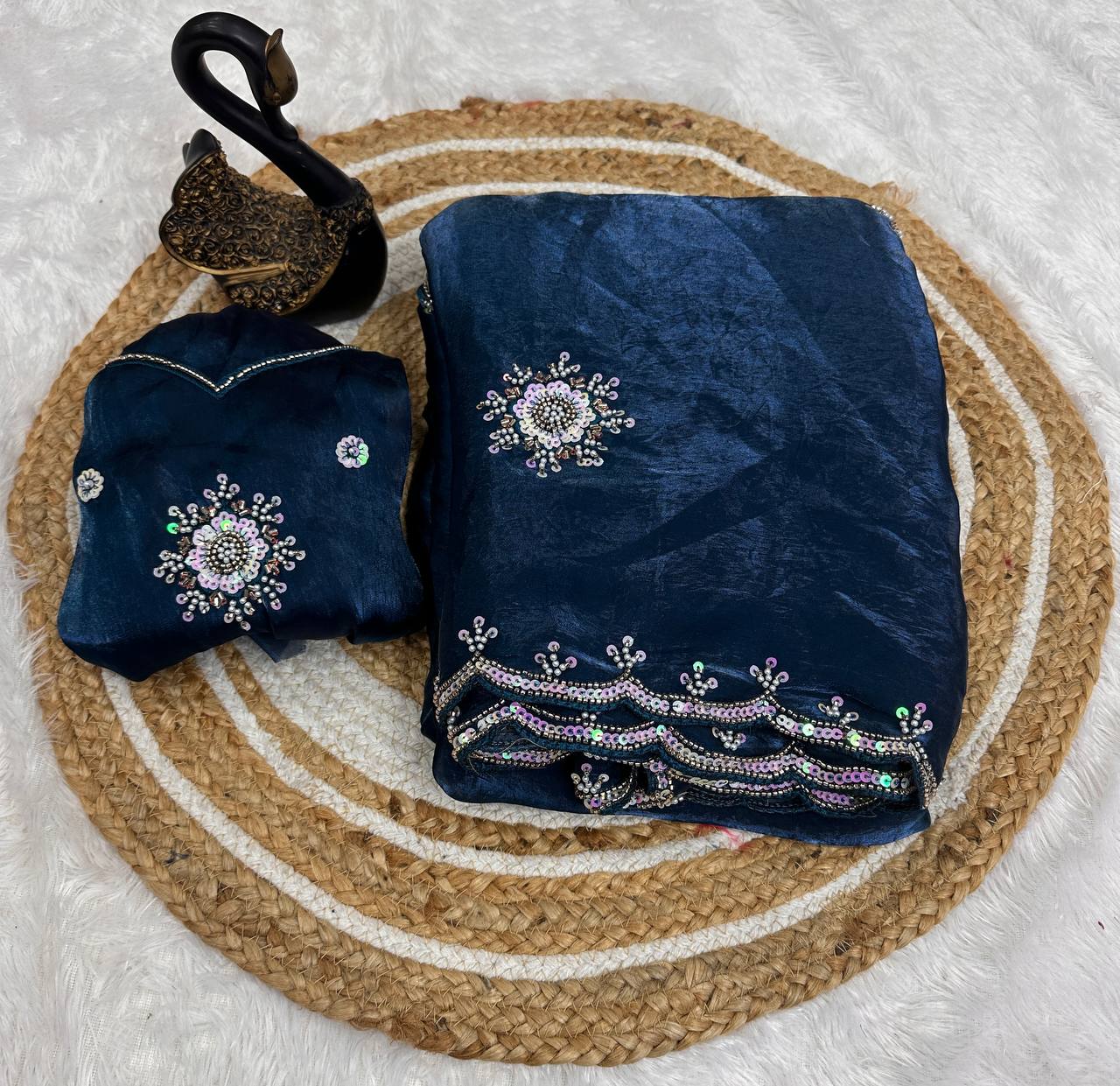 Attractive Multi Work And Khatli Cut Work Zimmy Choo Saree