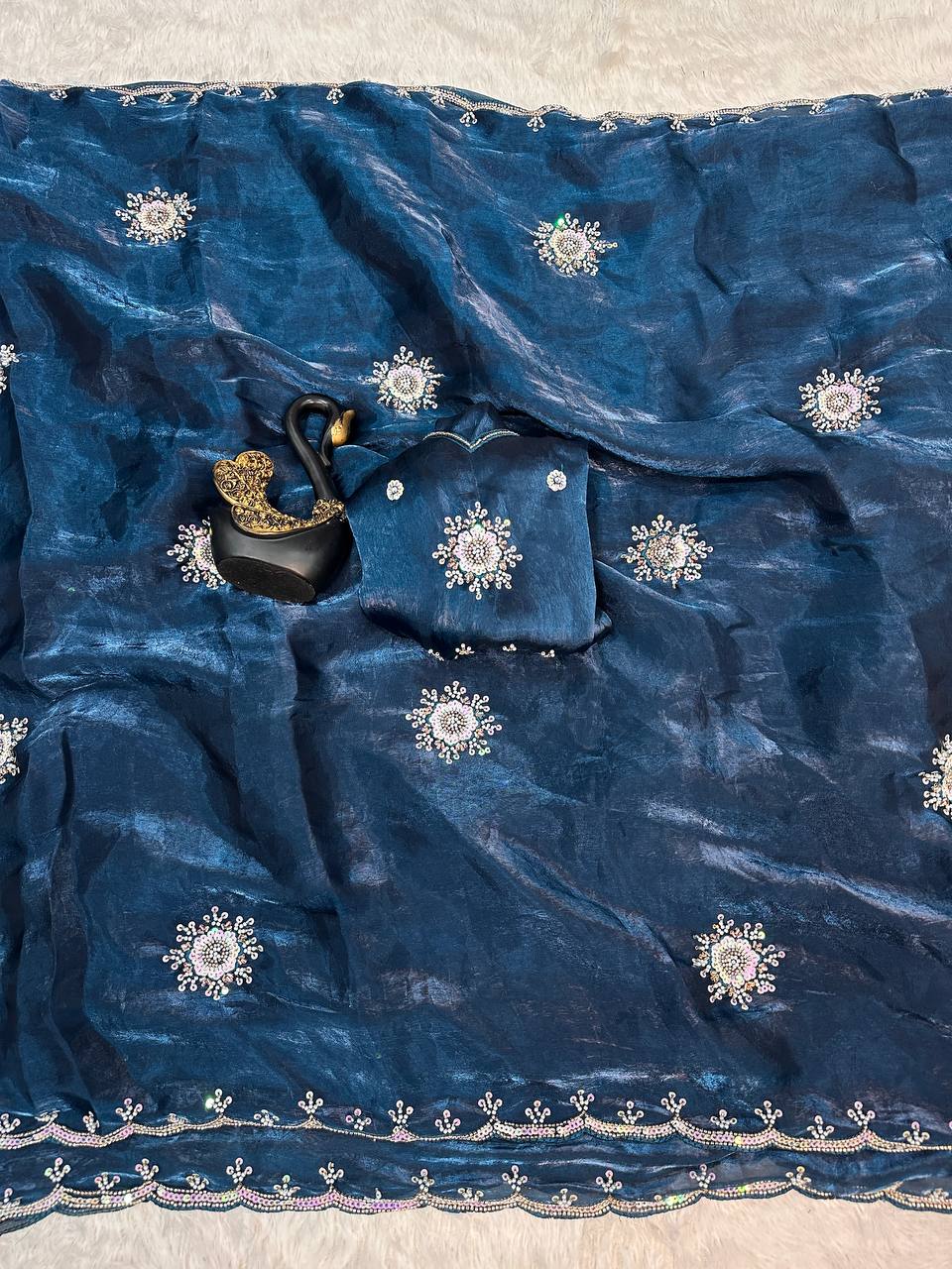 Attractive Multi Work And Khatli Cut Work Zimmy Choo Saree