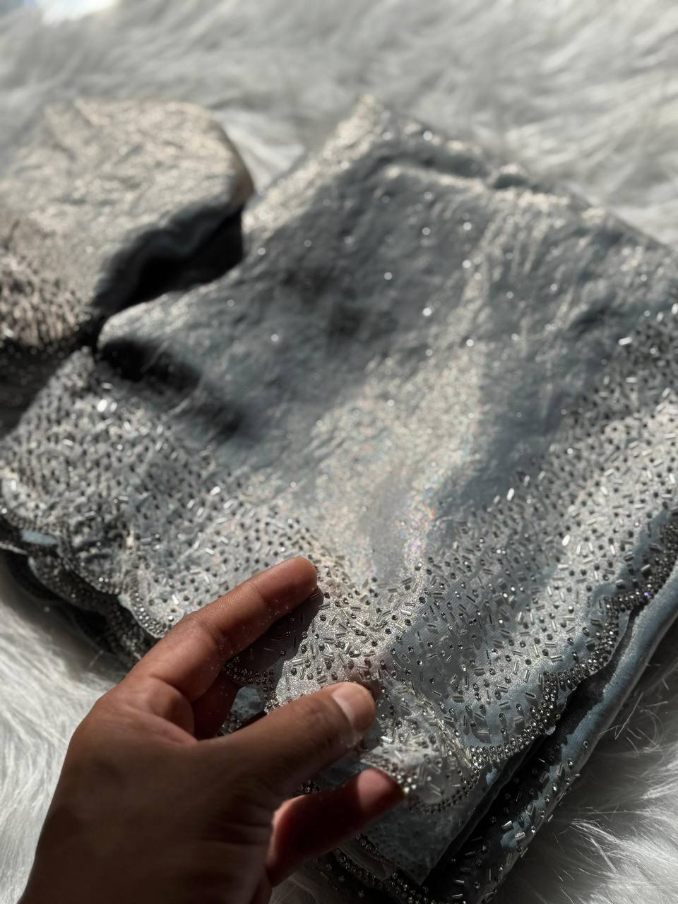 AlONG WITH CUT DANA REAL  GRAY ORGINAL DIMAOND ZARKHAND WORK WITH CUT WORK PAN pEL BEAUTIFUL BLOUSE BELT (Copy) (Copy)