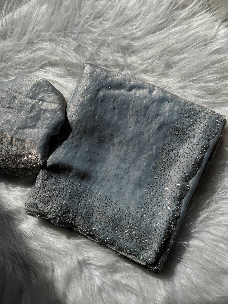 AlONG WITH CUT DANA REAL  GRAY ORGINAL DIMAOND ZARKHAND WORK WITH CUT WORK PAN pEL BEAUTIFUL BLOUSE BELT (Copy) (Copy)