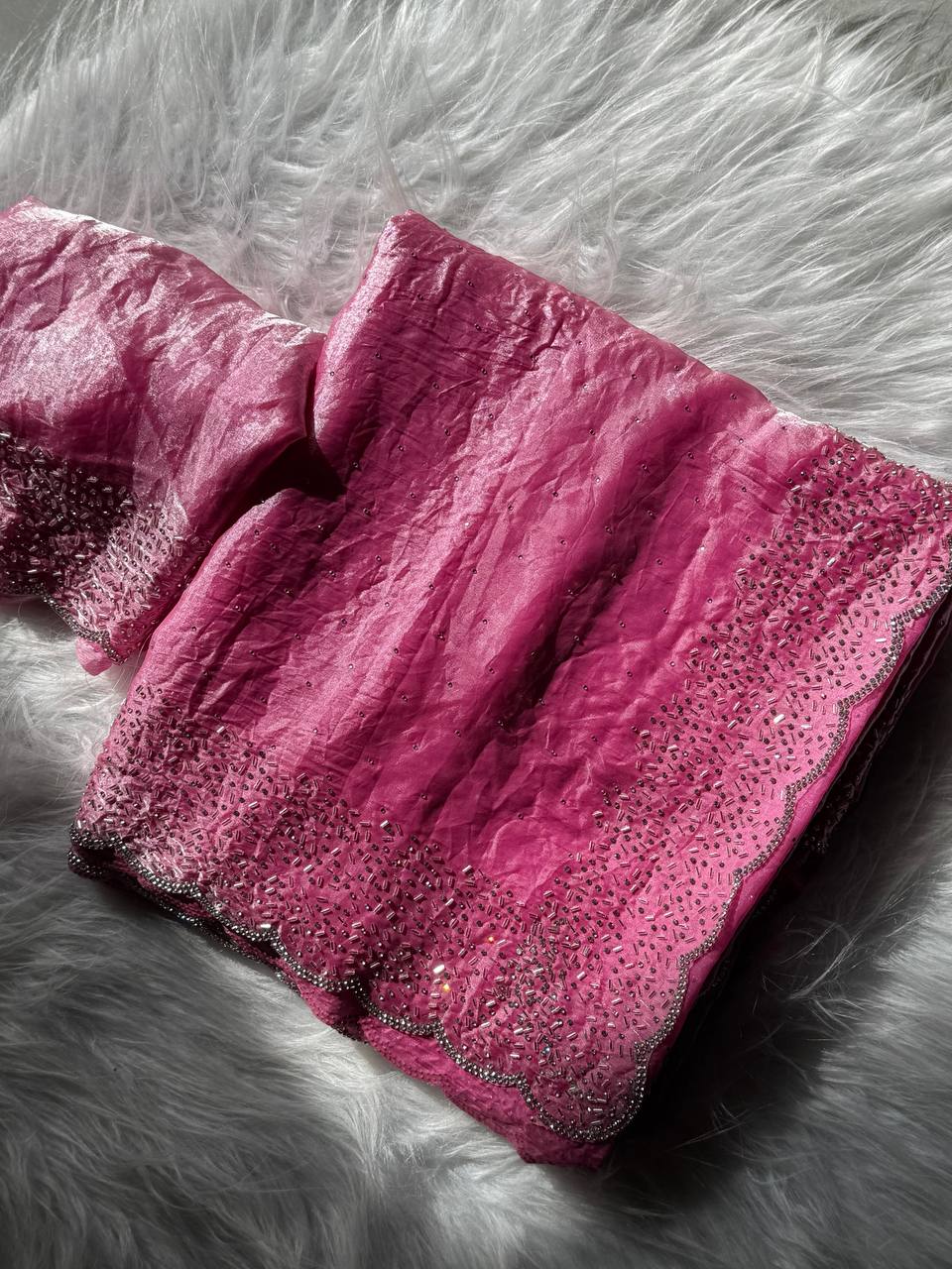 AlONG WITH CUT DANA REAL ORGINAL DIMAOND ZARKHAND WORK WITH CUT WORK PAN pEL BEAUTIFUL BLOUSE BELT (Copy)