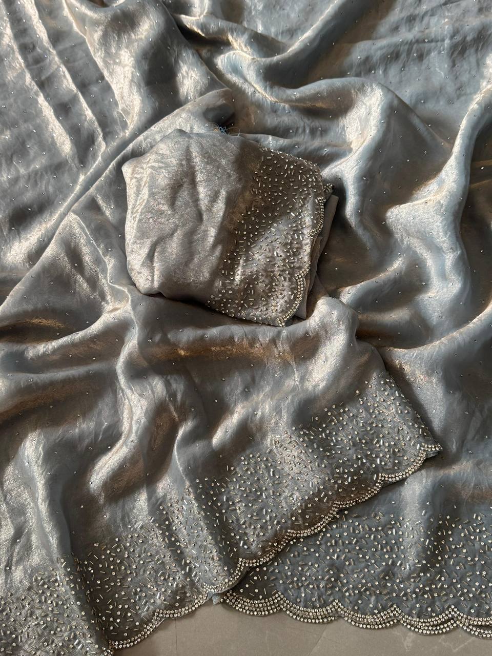 AlONG WITH CUT DANA REAL  GRAY ORGINAL DIMAOND ZARKHAND WORK WITH CUT WORK PAN pEL BEAUTIFUL BLOUSE BELT (Copy) (Copy)