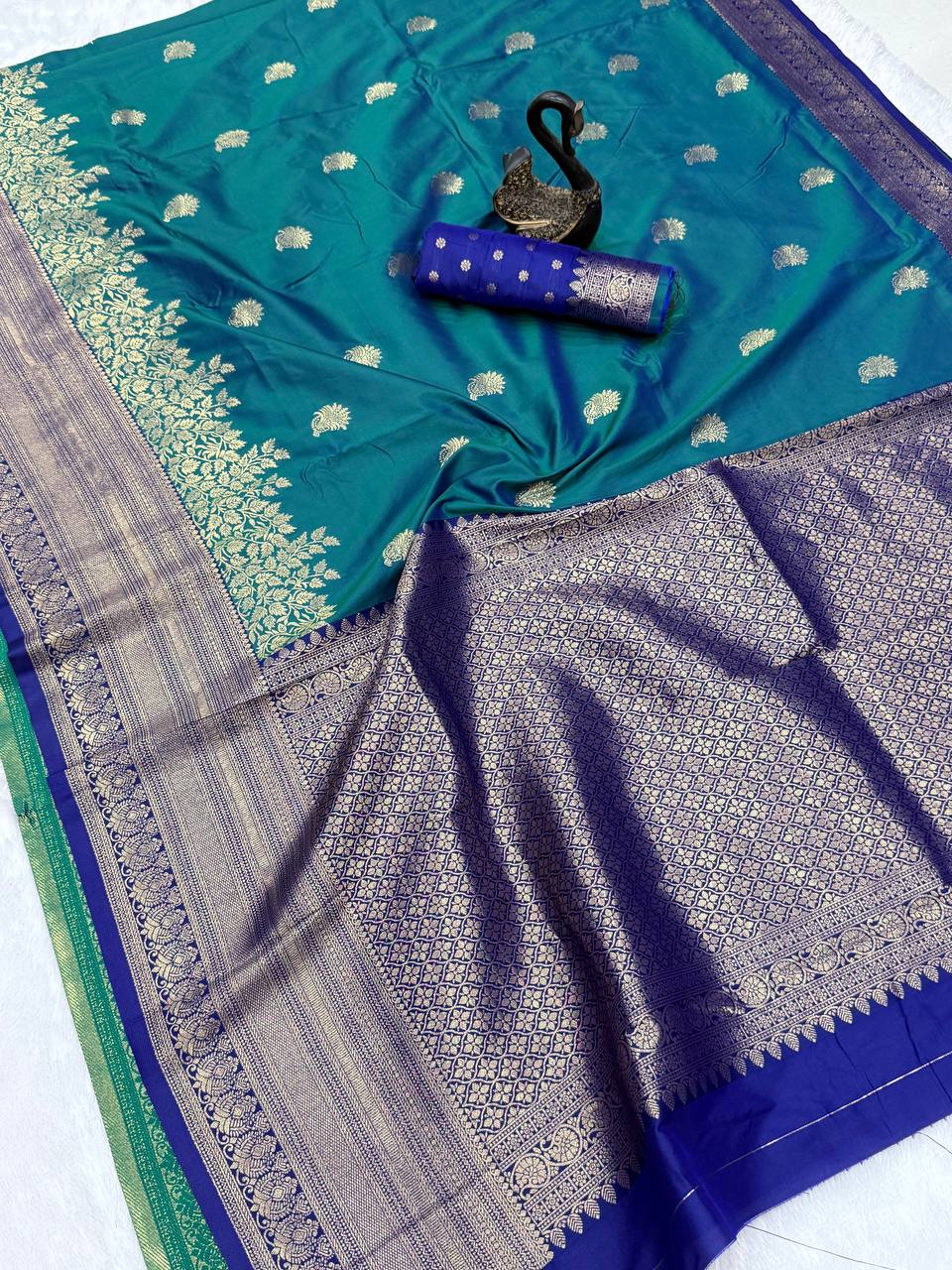 Blue Premium Kanijivaram  Soft Silk Sarees with Copper zari jaal having rich zari woven pallu and paired with Plain running Blouse