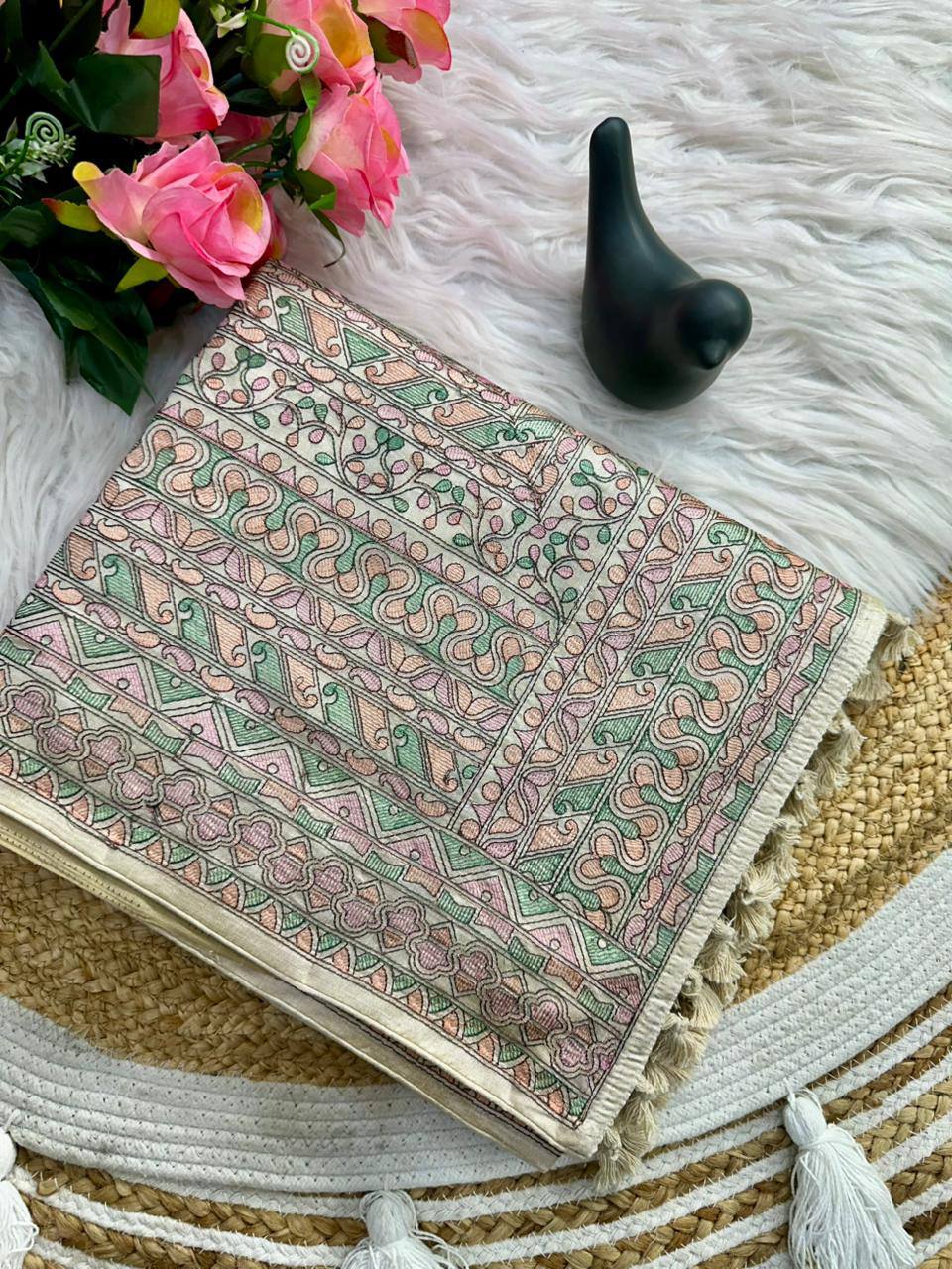 Traditional Beige Embroidery Work Tussar Silk Saree With Comely Blouse Piece