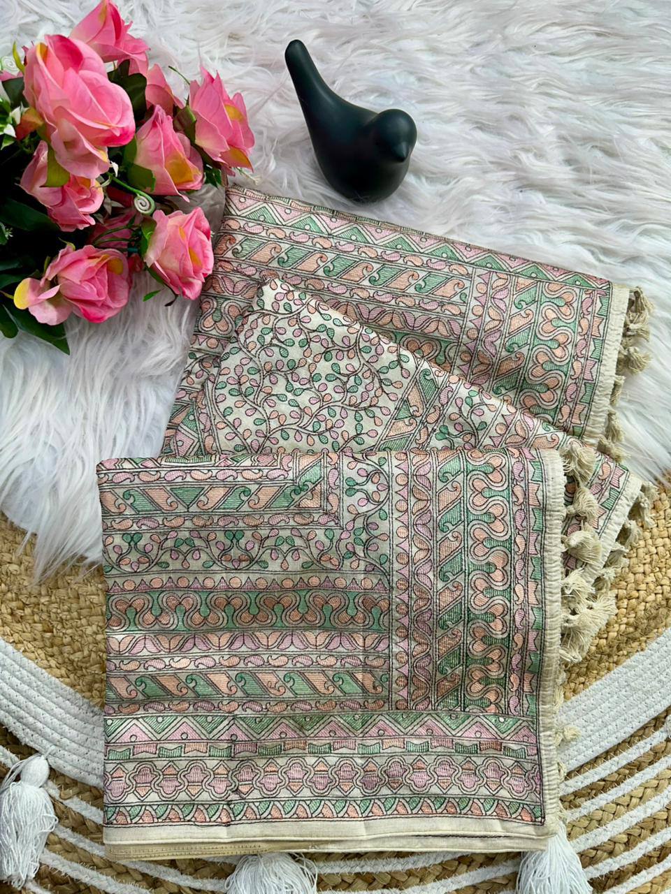 Traditional Beige Embroidery Work Tussar Silk Saree With Comely Blouse Piece