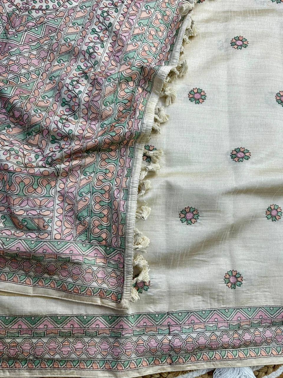 Traditional Beige Embroidery Work Tussar Silk Saree With Comely Blouse Piece