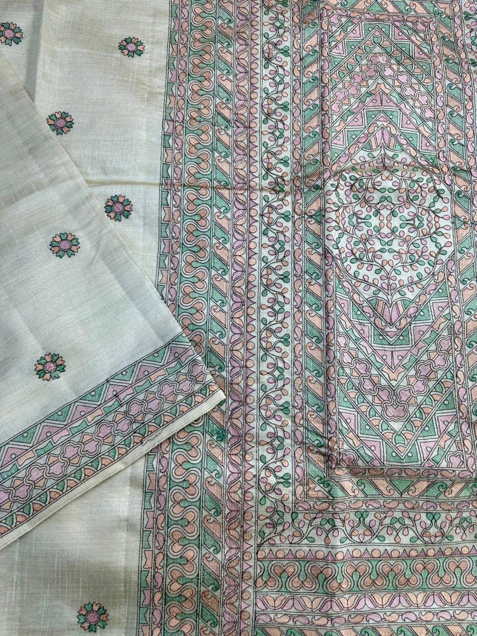 Traditional Beige Embroidery Work Tussar Silk Saree With Comely Blouse Piece