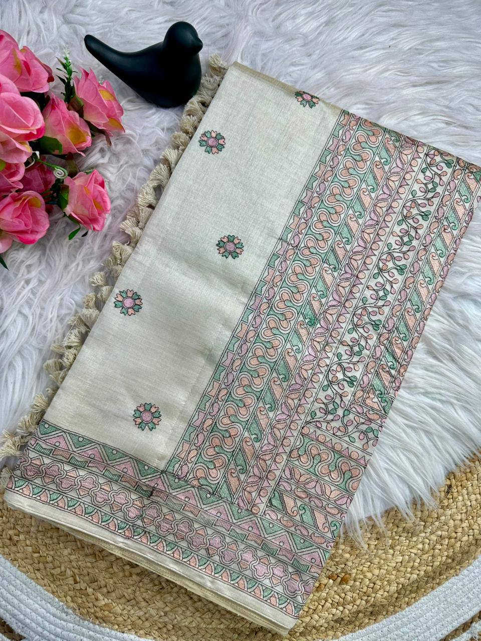 Traditional Beige Embroidery Work Tussar Silk Saree With Comely Blouse Piece