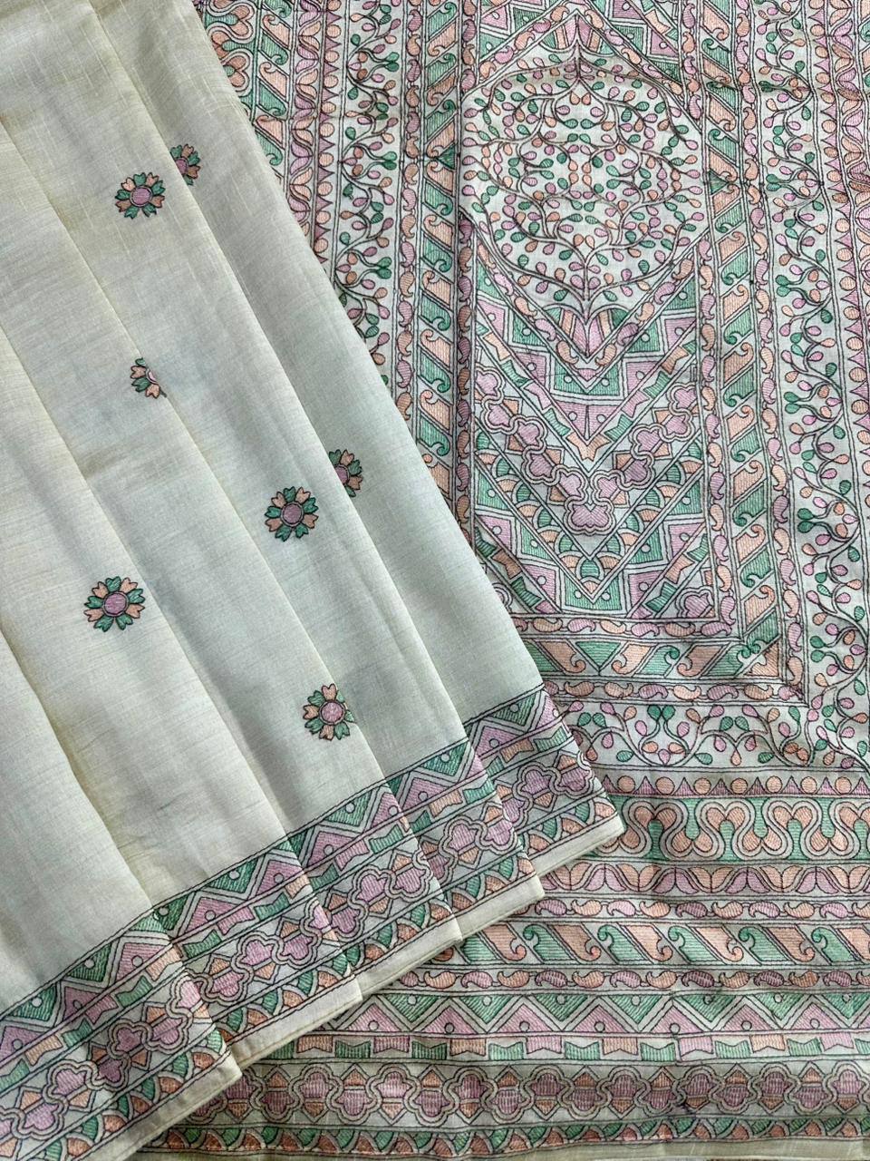 Traditional Beige Embroidery Work Tussar Silk Saree With Comely Blouse Piece