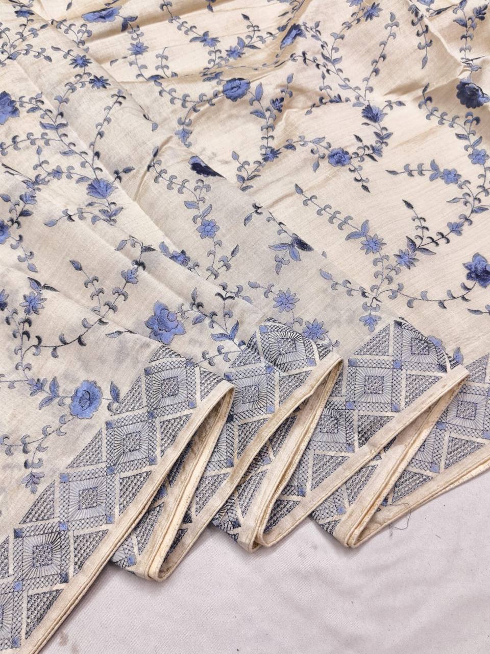 Quintessential Beige Embroidery Work Tussar Silk Saree With Impressive Blouse Piece