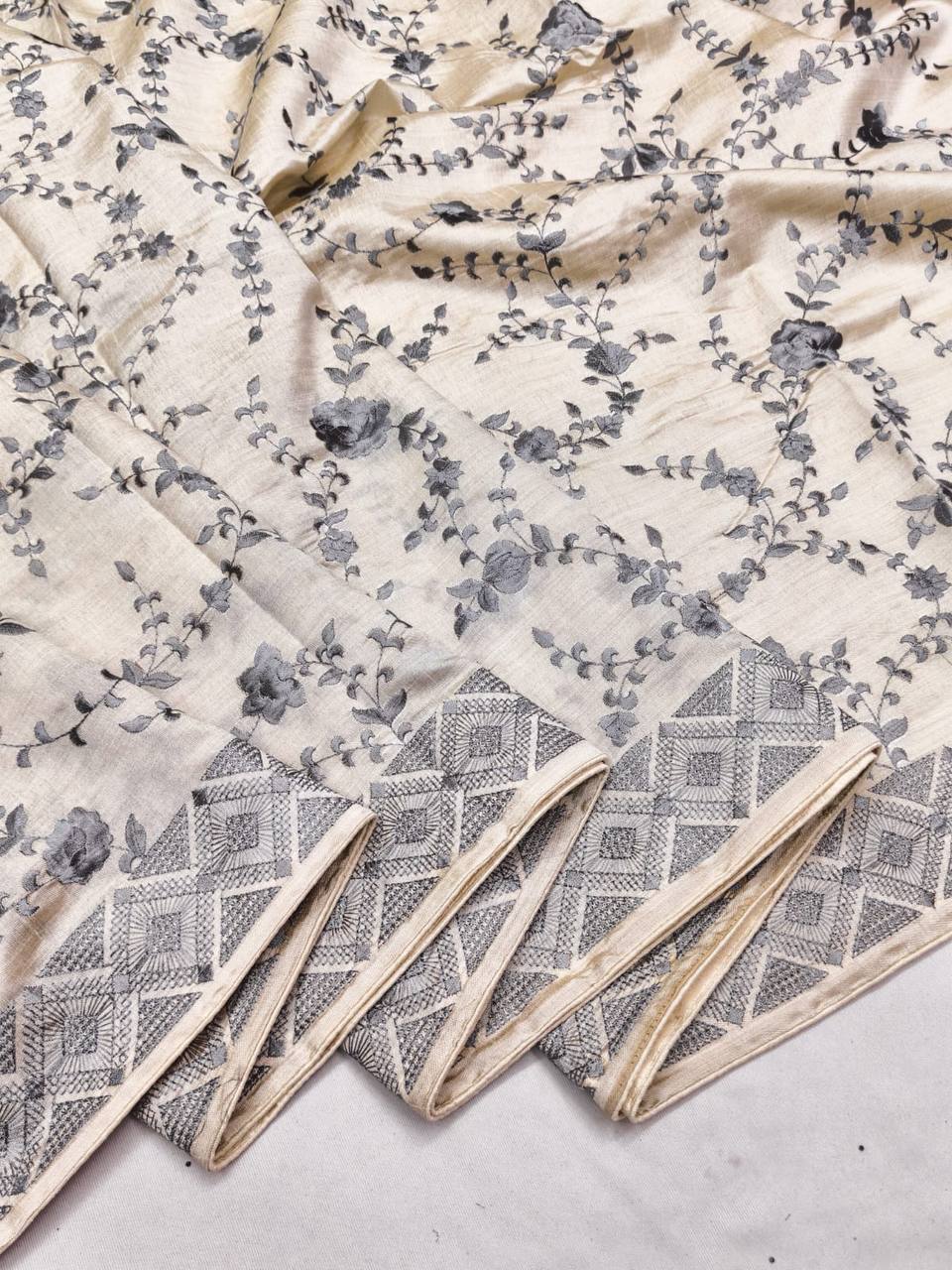 Quintessential Beige Embroidery Work Tussar Silk Saree With Impressive Blouse Piece