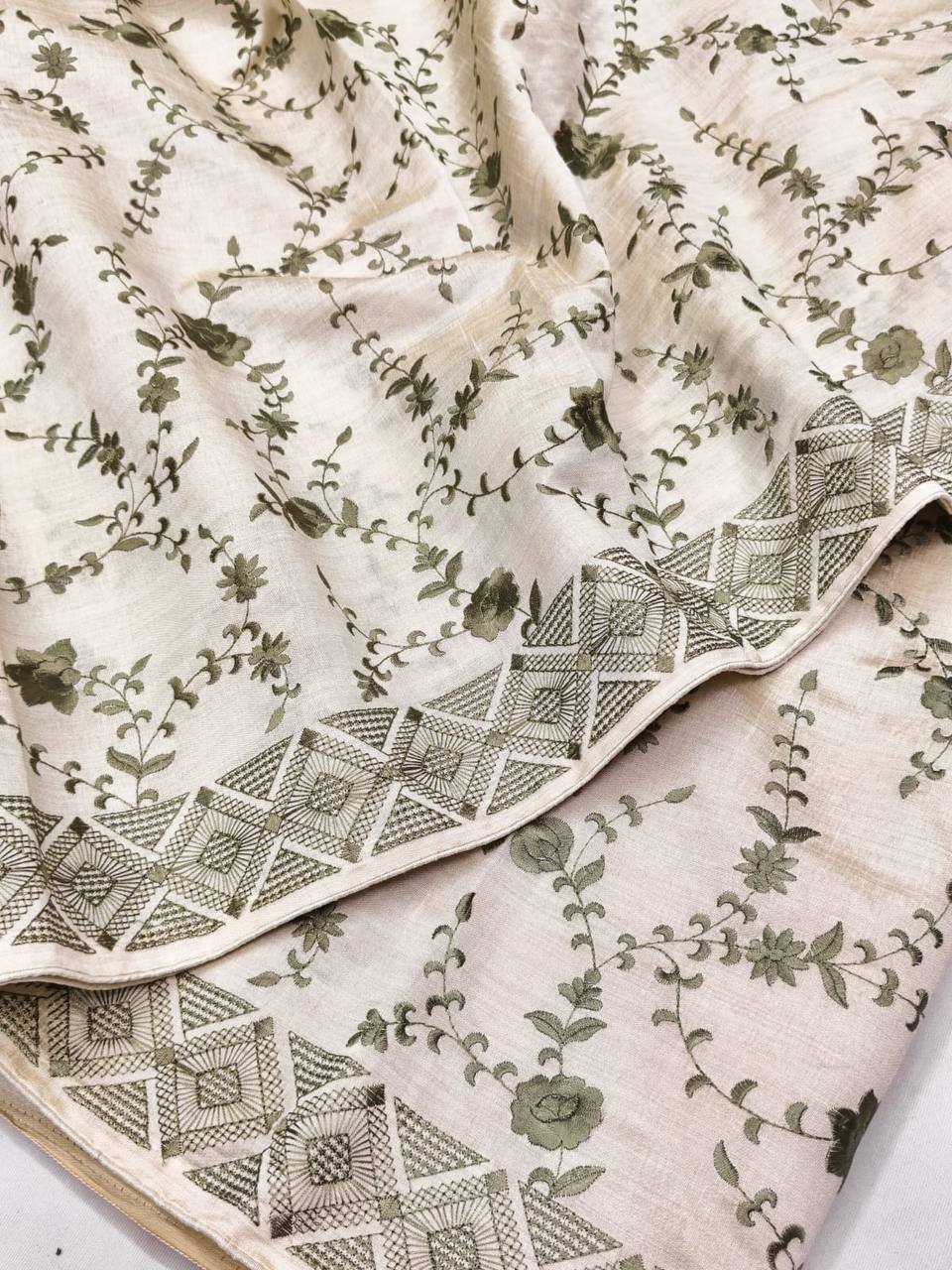 Quintessential Beige Embroidery Work Tussar Silk Saree With Impressive Blouse Piece