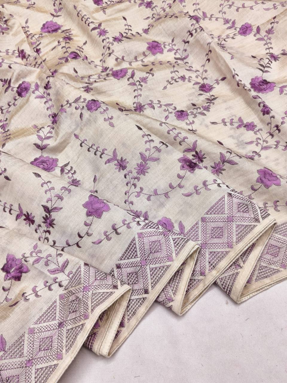 Quintessential Beige Embroidery Work Tussar Silk Saree With Impressive Blouse Piece