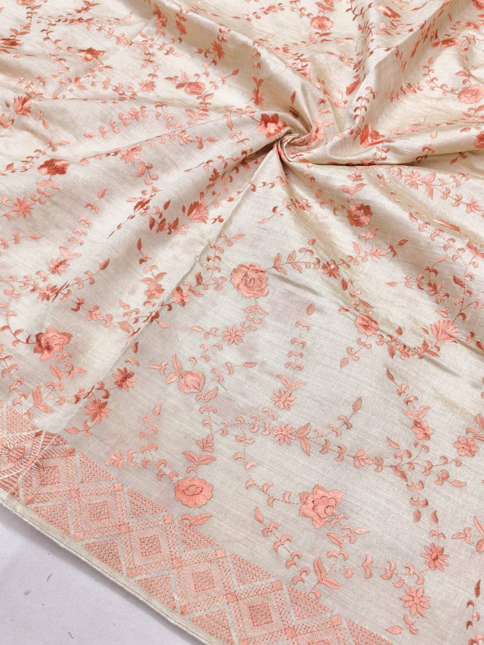 Quintessential Beige Embroidery Work Tussar Silk Saree With Impressive Blouse Piece