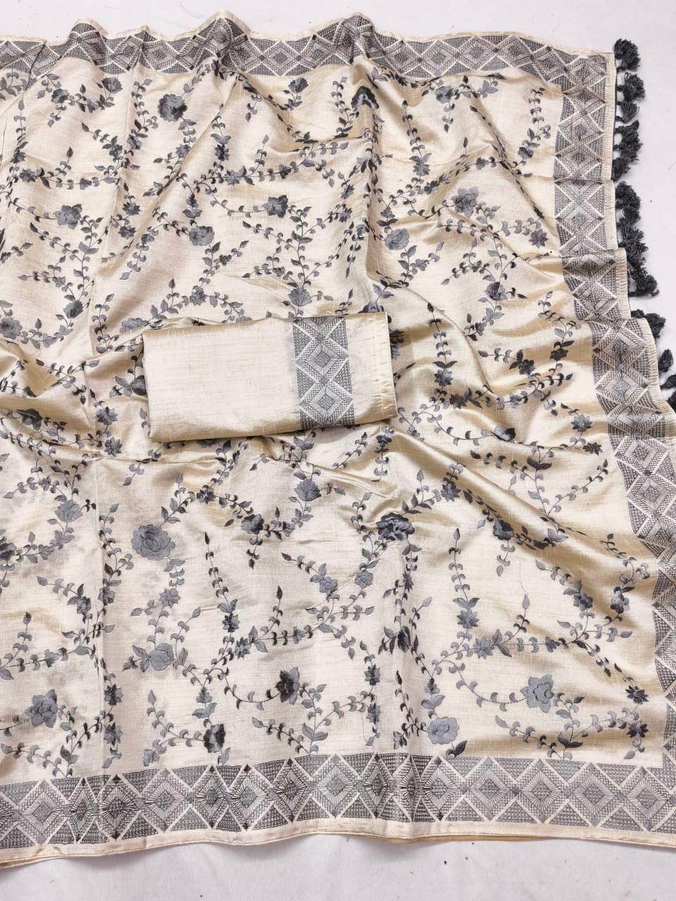 Quintessential Beige Embroidery Work Tussar Silk Saree With Impressive Blouse Piece