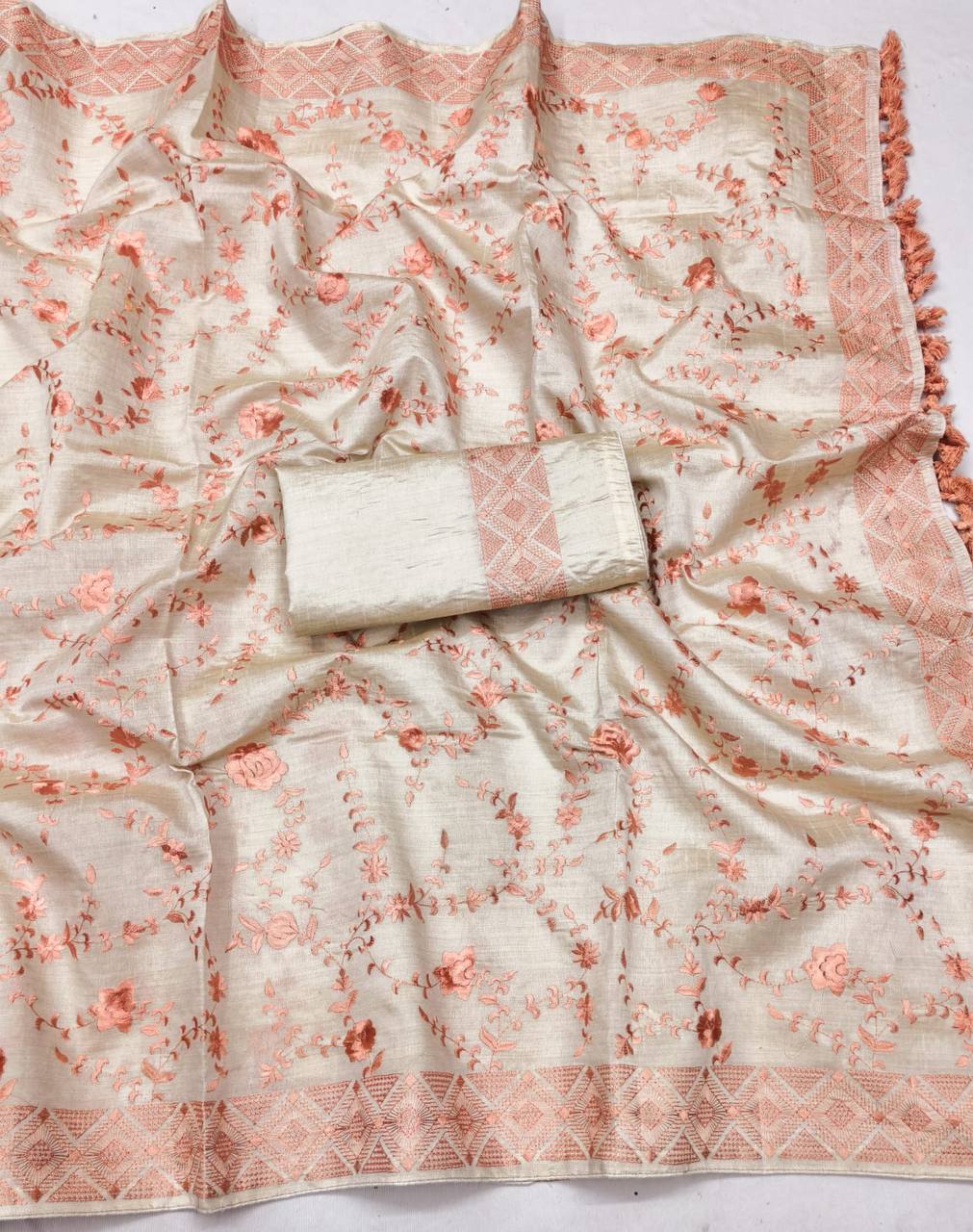 Quintessential Beige Embroidery Work Tussar Silk Saree With Impressive Blouse Piece