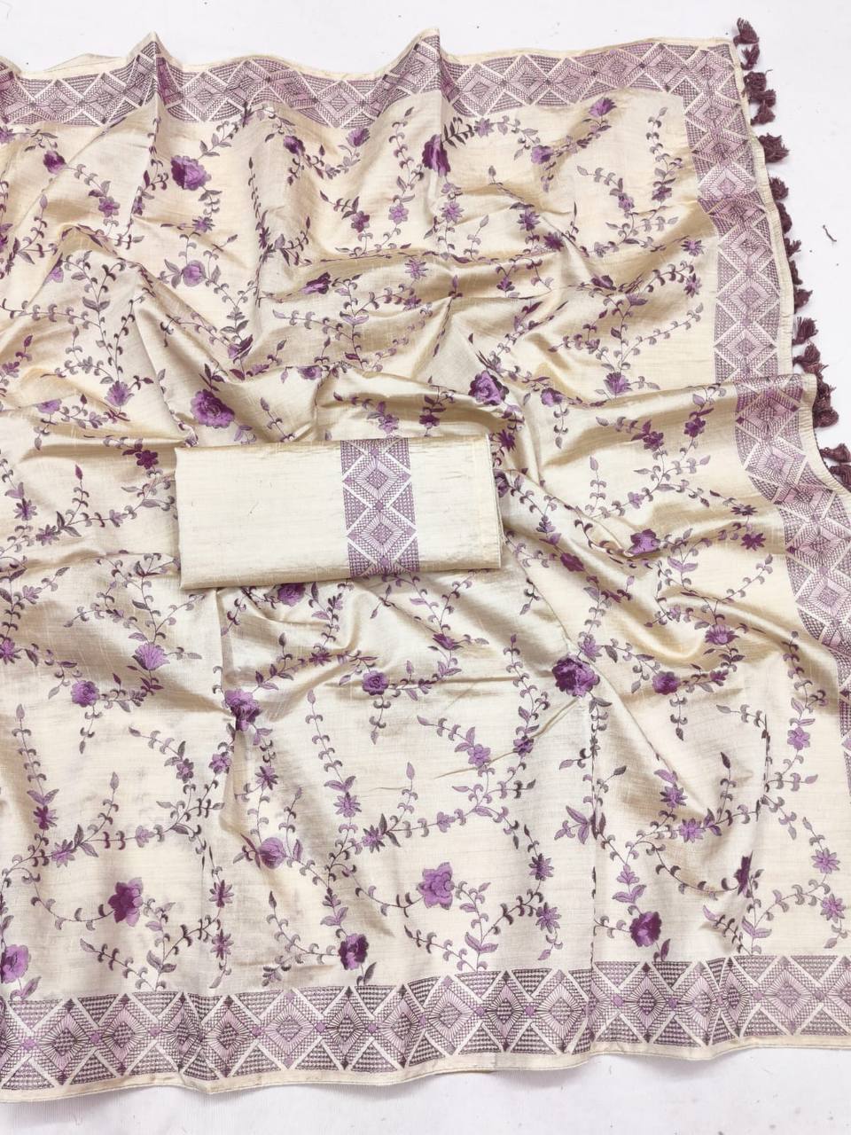 Quintessential Beige Embroidery Work Tussar Silk Saree With Impressive Blouse Piece