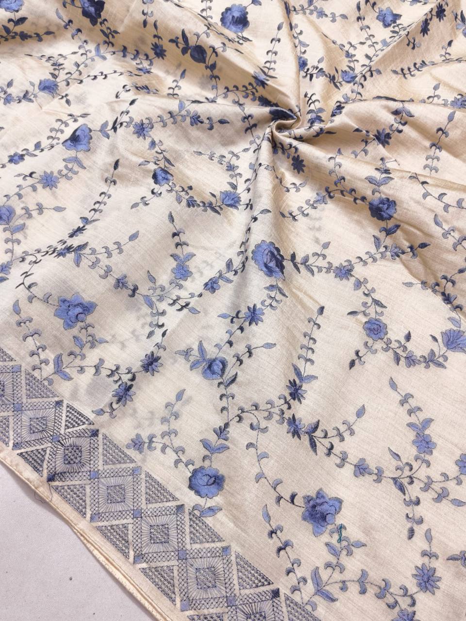 Quintessential Beige Embroidery Work Tussar Silk Saree With Impressive Blouse Piece